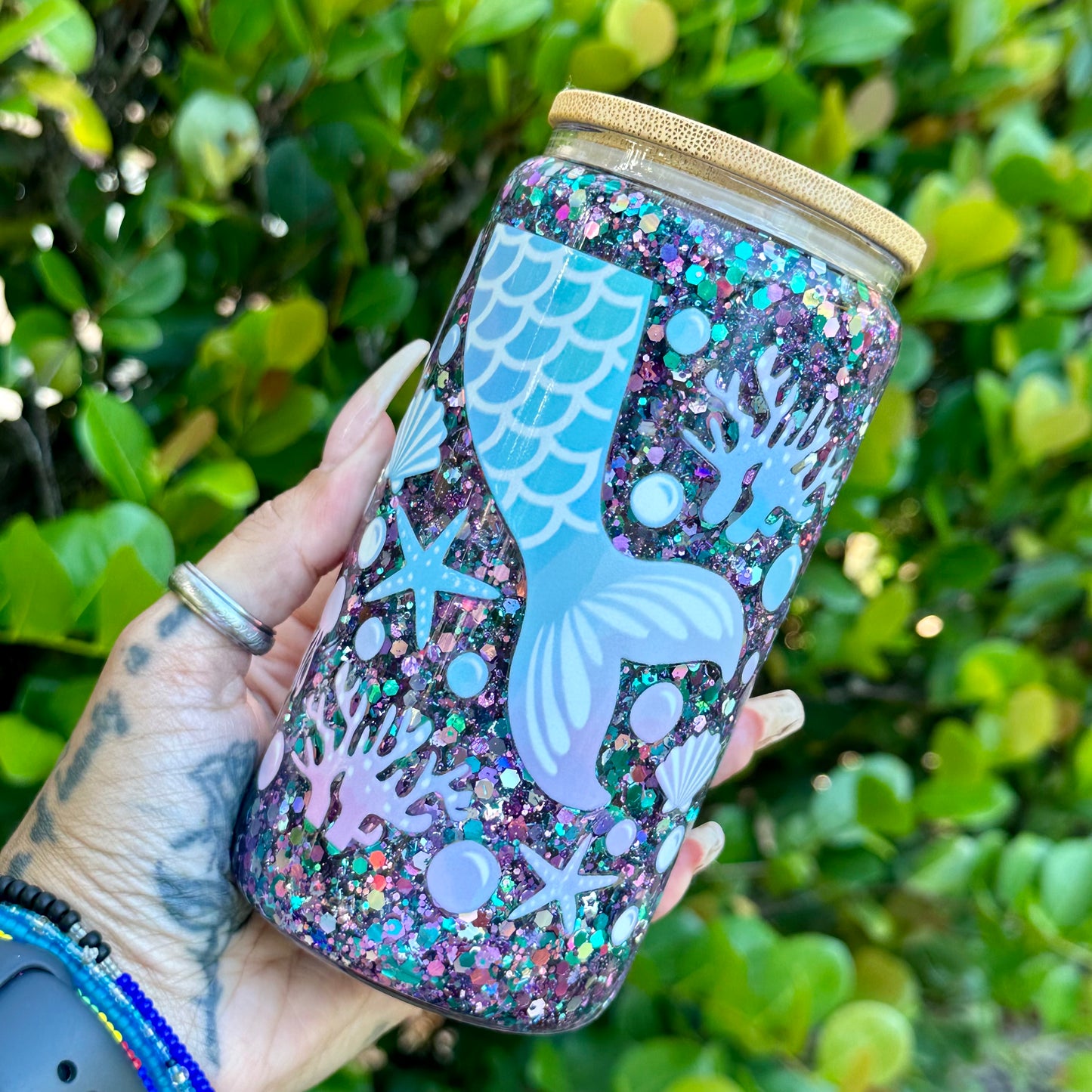 16oz Glass Can Snow Globe - Pastel Mermaid