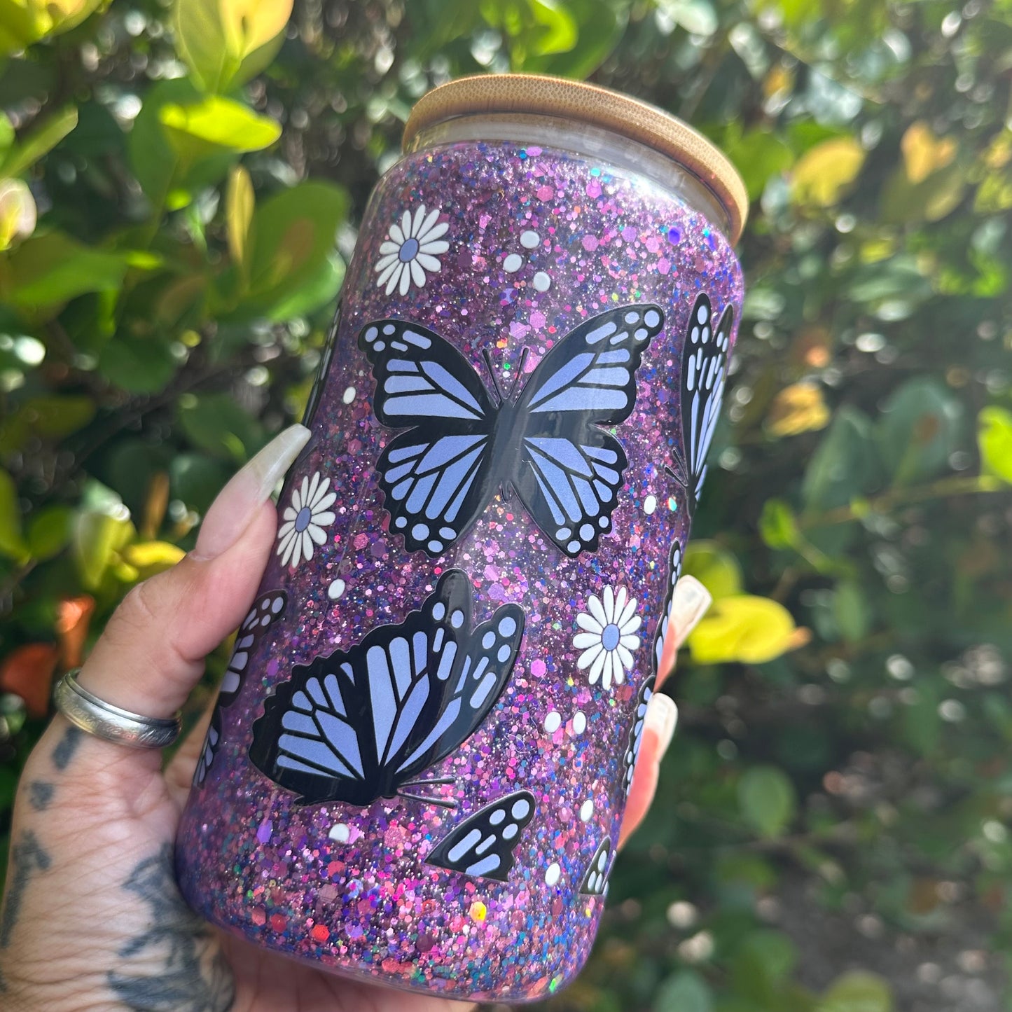 16oz Glass Can Snow Globe - Purple Butterflies