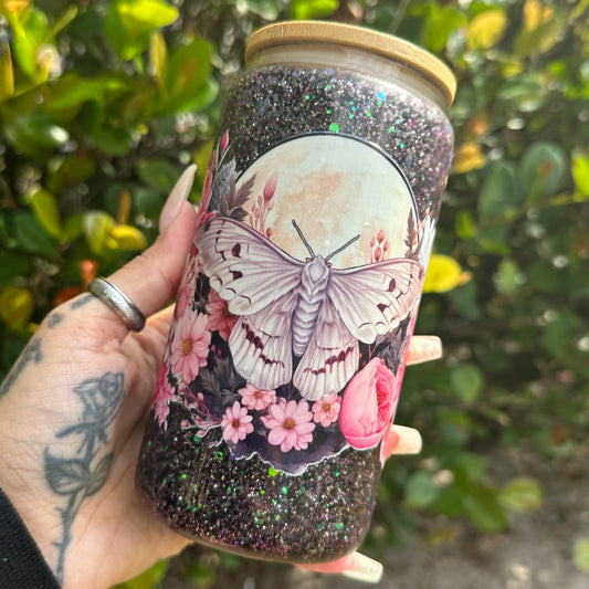 16oz Glass Can Snow Globe - Floral Moth