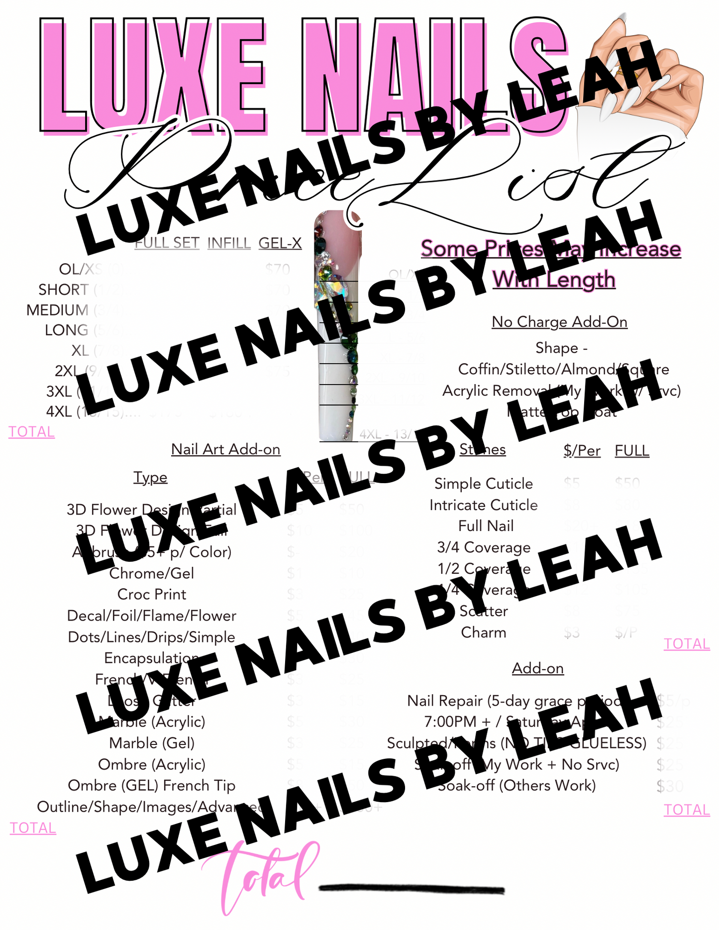 Nail Service Pricing Sheet - Custome - PRINT & LAMINATED+DRY ERASE MARKER