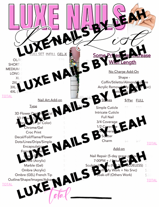 Nail Service Pricing Sheet - Custome - PRINT & LAMINATED+DRY ERASE MARKER