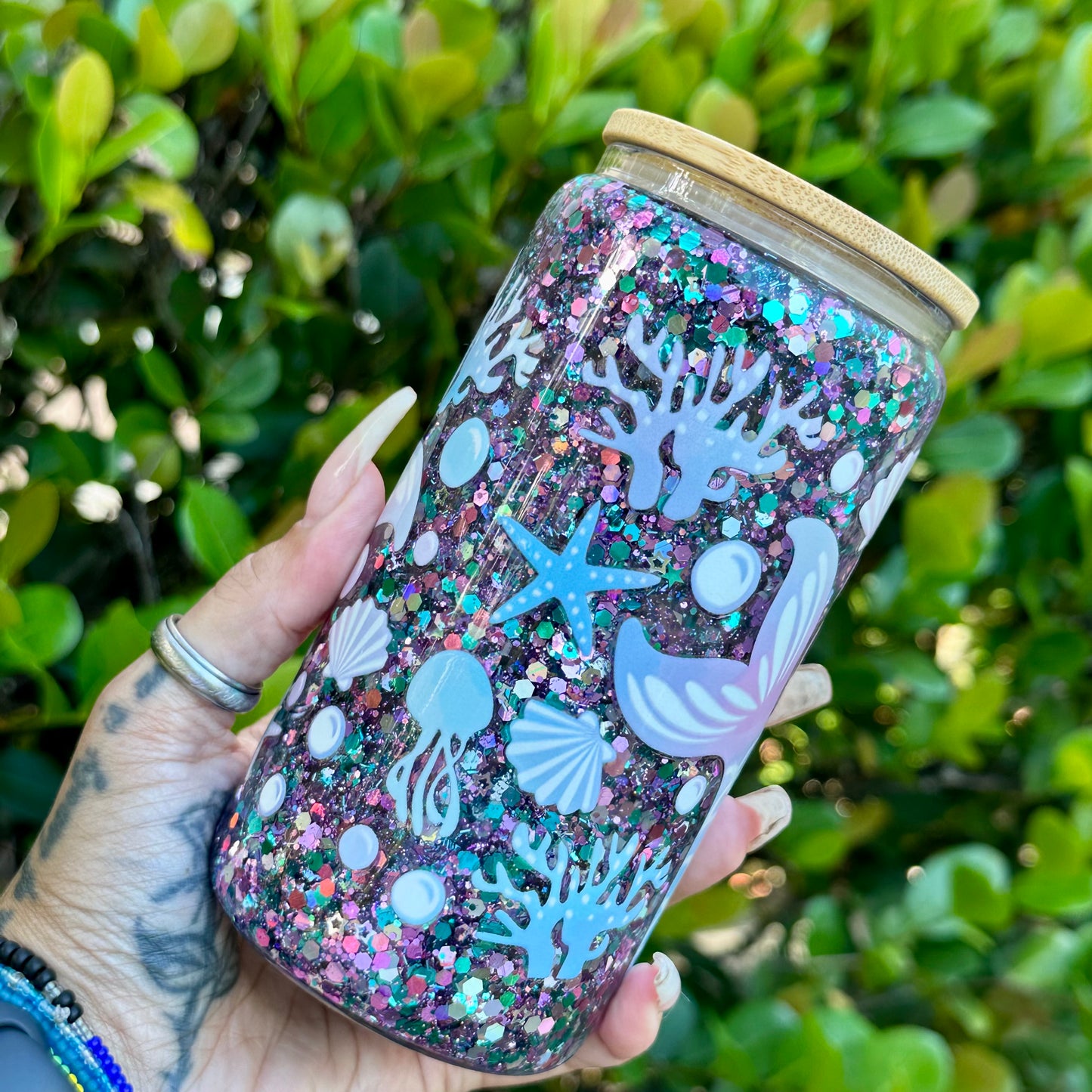 16oz Glass Can Snow Globe - Pastel Mermaid