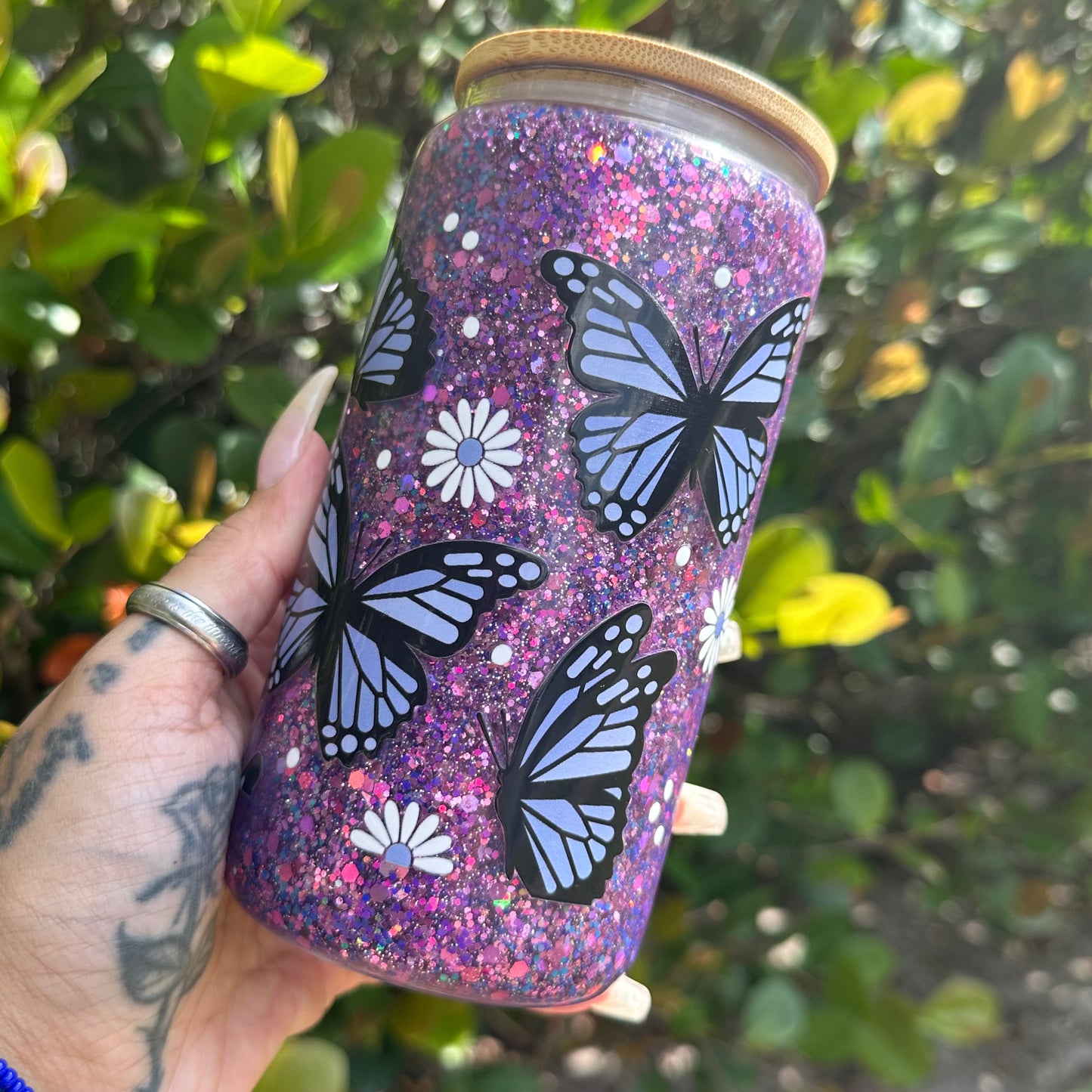 16oz Glass Can Snow Globe - Purple Butterflies