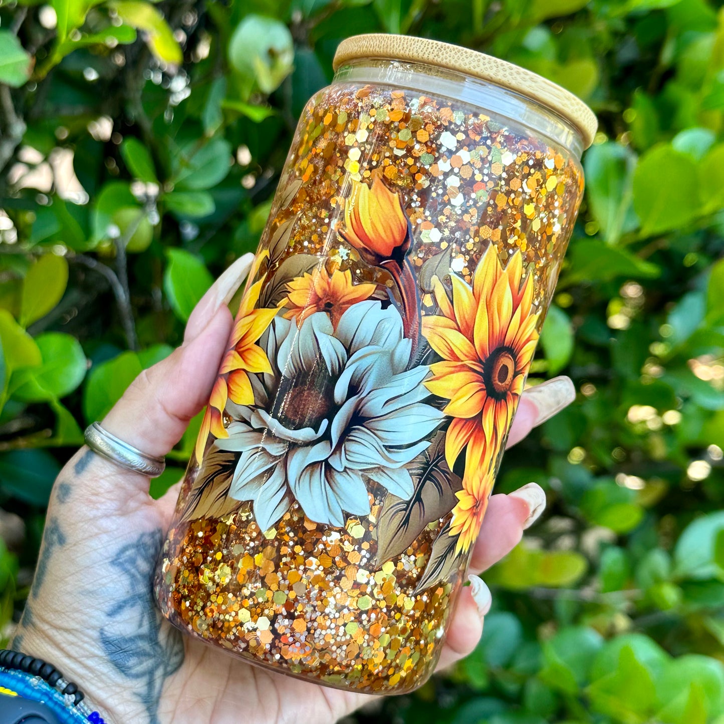 16oz Glass Can Snow Globe - Sunflowers