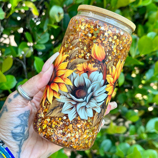 16oz Glass Can Snow Globe - Sunflowers