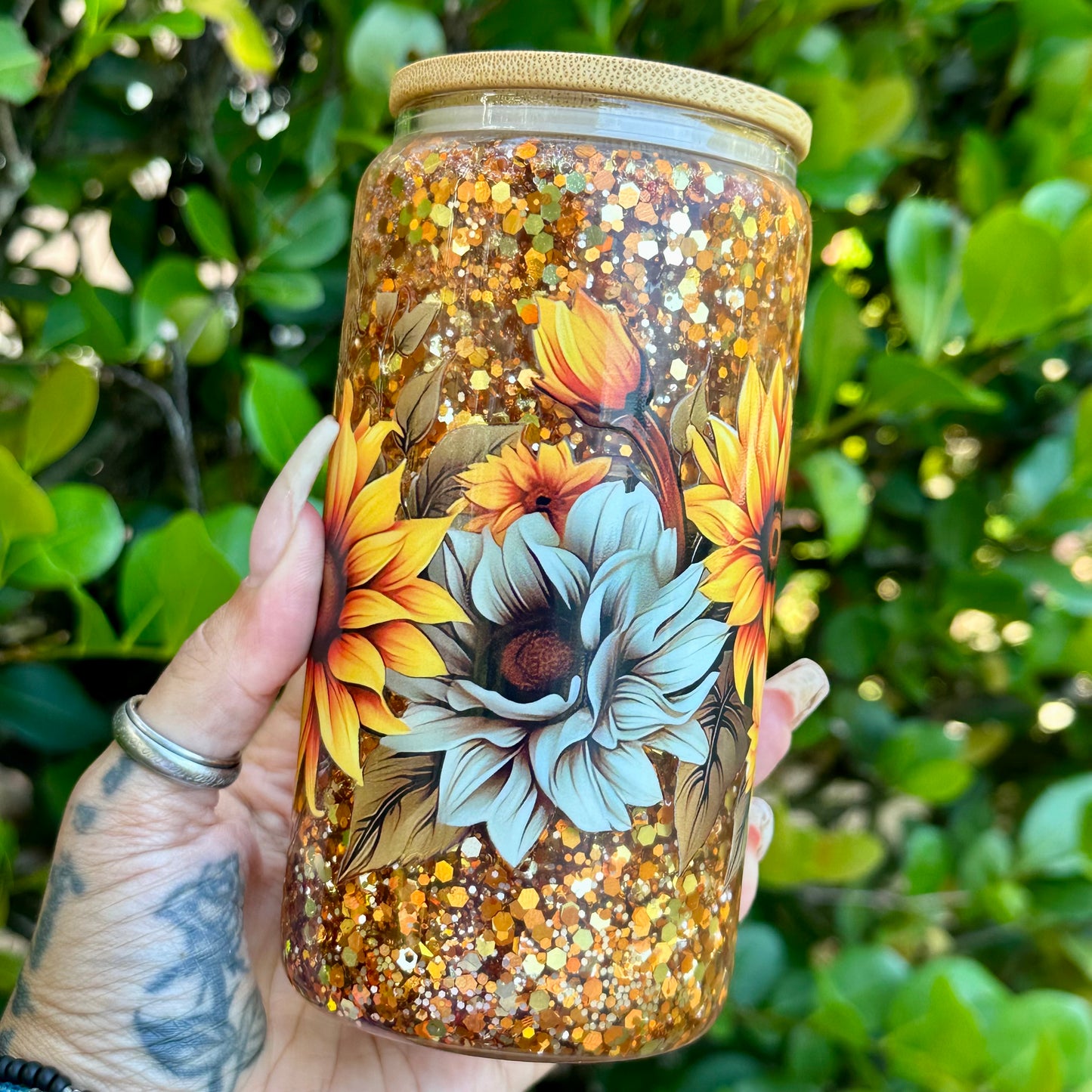 16oz Glass Can Snow Globe - Sunflowers