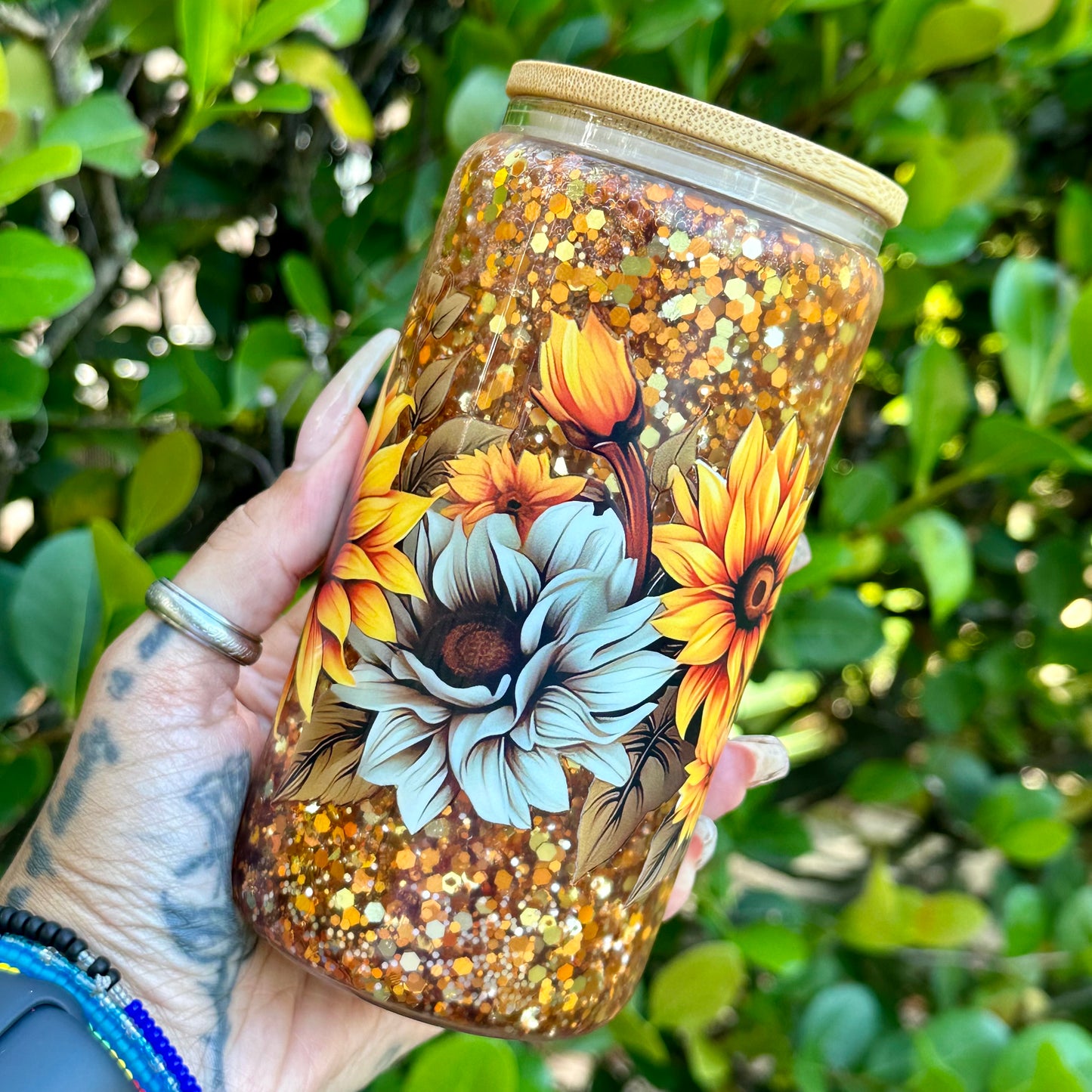 16oz Glass Can Snow Globe - Sunflowers