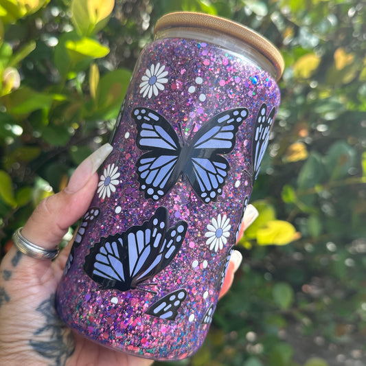 16oz Glass Can Snow Globe - Purple Butterflies